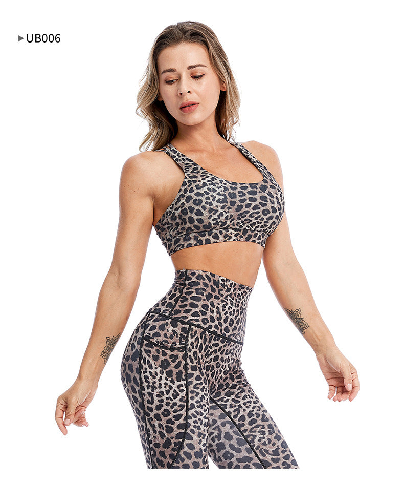 Leopard Print Women High Impact Yoga Bra strappy Yoga Set Sports Suits