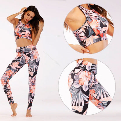 Print  Women Fitness Yoga Set Sportwear Outfits Floral Workout Running Gym Wear Slim Tight Sports Suit 2peice Top Legging,ZF001