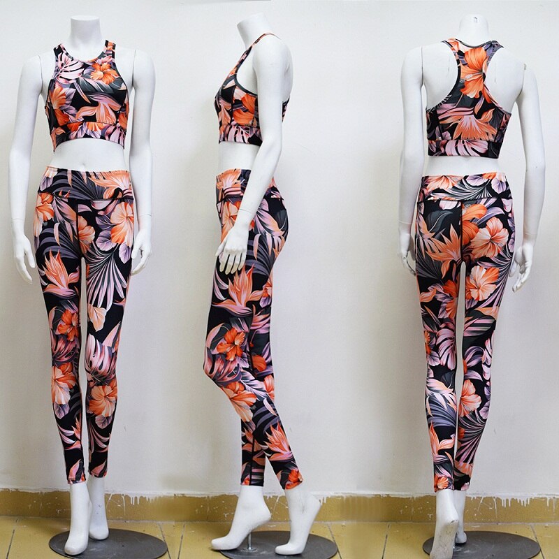 Print  Women Fitness Yoga Set Sportwear Outfits Floral Workout Running Gym Wear Slim Tight Sports Suit 2peice Top Legging,ZF001